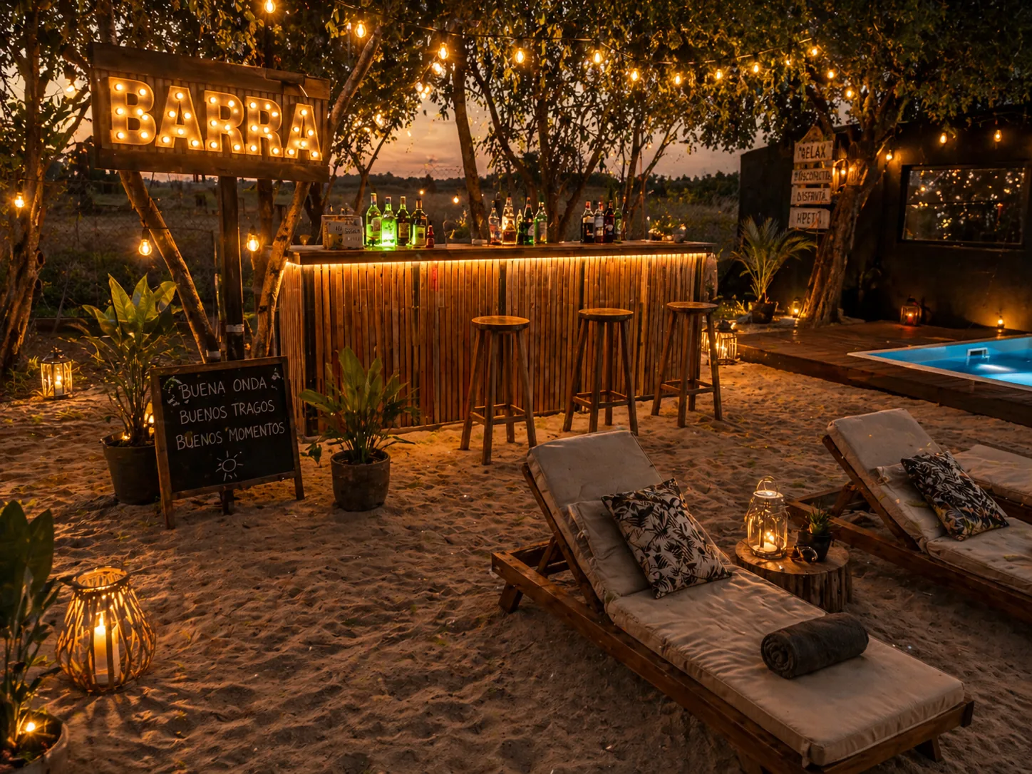 Bar exterior y playa artificial